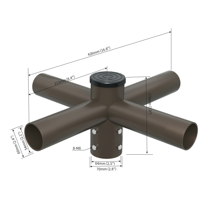 Quad Spoke Bracket with 4 Arms at 90 Degrees, with 8inch Arm Long