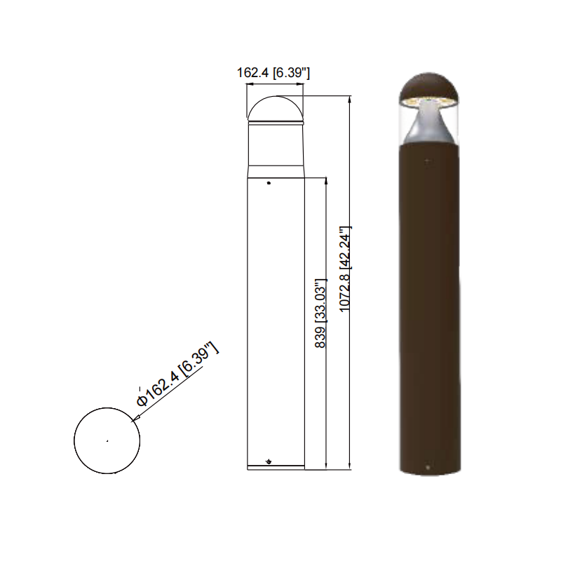 24 Watt LED Bollard Light with Cone Reflector and Dome Head-Adjustable Power and Color Temperature