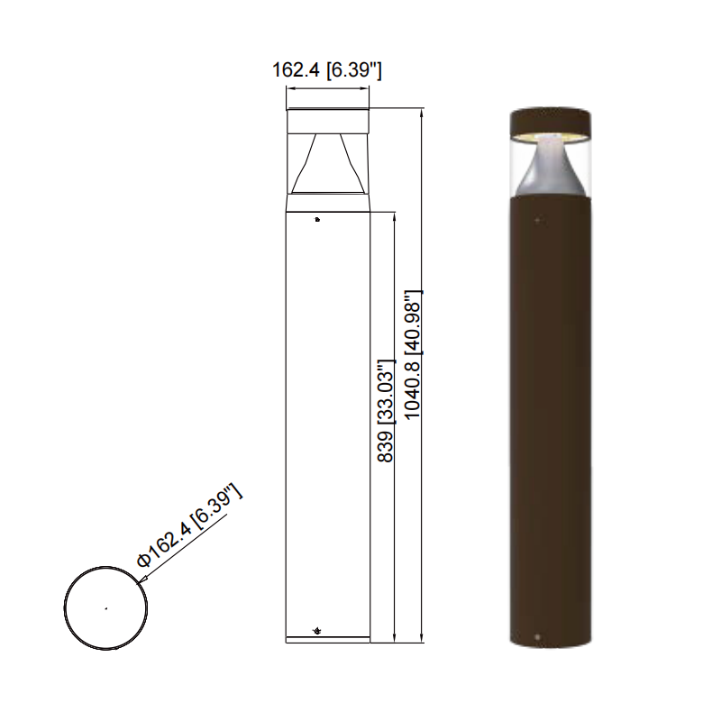 24 Watt LED Bollard Light with Cone Reflector and Flat Head-Adjustable Power and Color Temperature