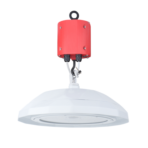 NSF Certified UFO LED High Bay Light With Battery Back Up Option, 5000K, 120-277V, White Finish, 0-10V Dim, Motion Sensor Option