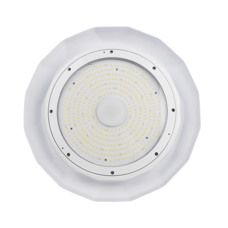 NSF Certified UFO LED High Bay Light With Battery Back Up Option, 5000K, 120-277V, White Finish, 0-10V Dim, Motion Sensor Option