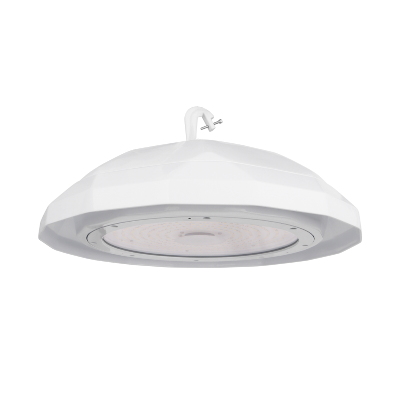 NSF Certified UFO LED High Bay Light With Battery Back Up Option, 5000K, 120-277V, White Finish, 0-10V Dim, Motion Sensor Option
