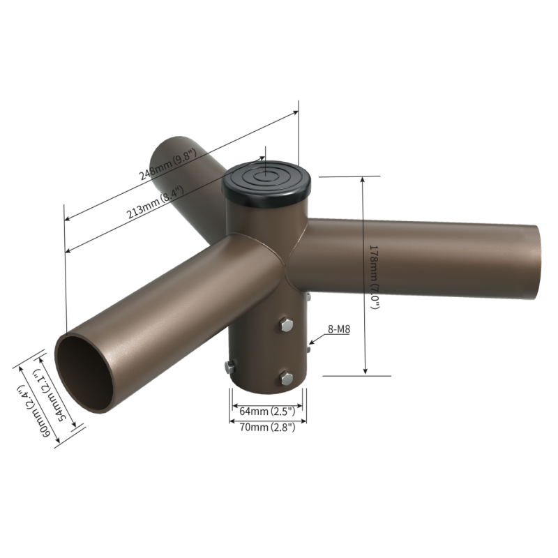 Triple Spoke Bracket with 3 Arms at 120 Degrees, Arms with 8inch long