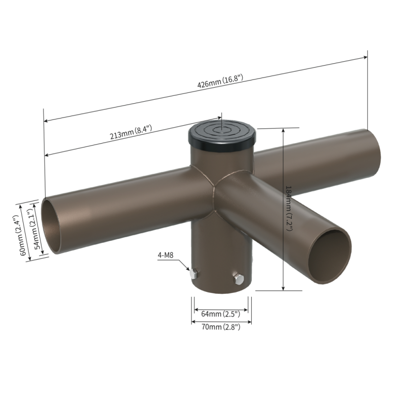 Triple Spoke Bracket with 3 Arms at 90 Degrees, 8inch Arms