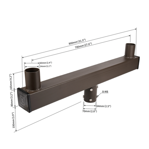Long Twin Square Vertical Tenon Adapter wtih 2 Tenons 180 degree for 2 3/8 Inch Round Pole