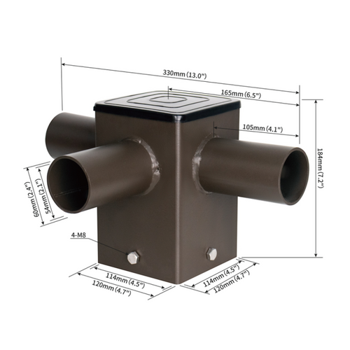 Tenon Adapter for 4 Inch Square Poles with Triple Horizontal 90 Degree Tenons